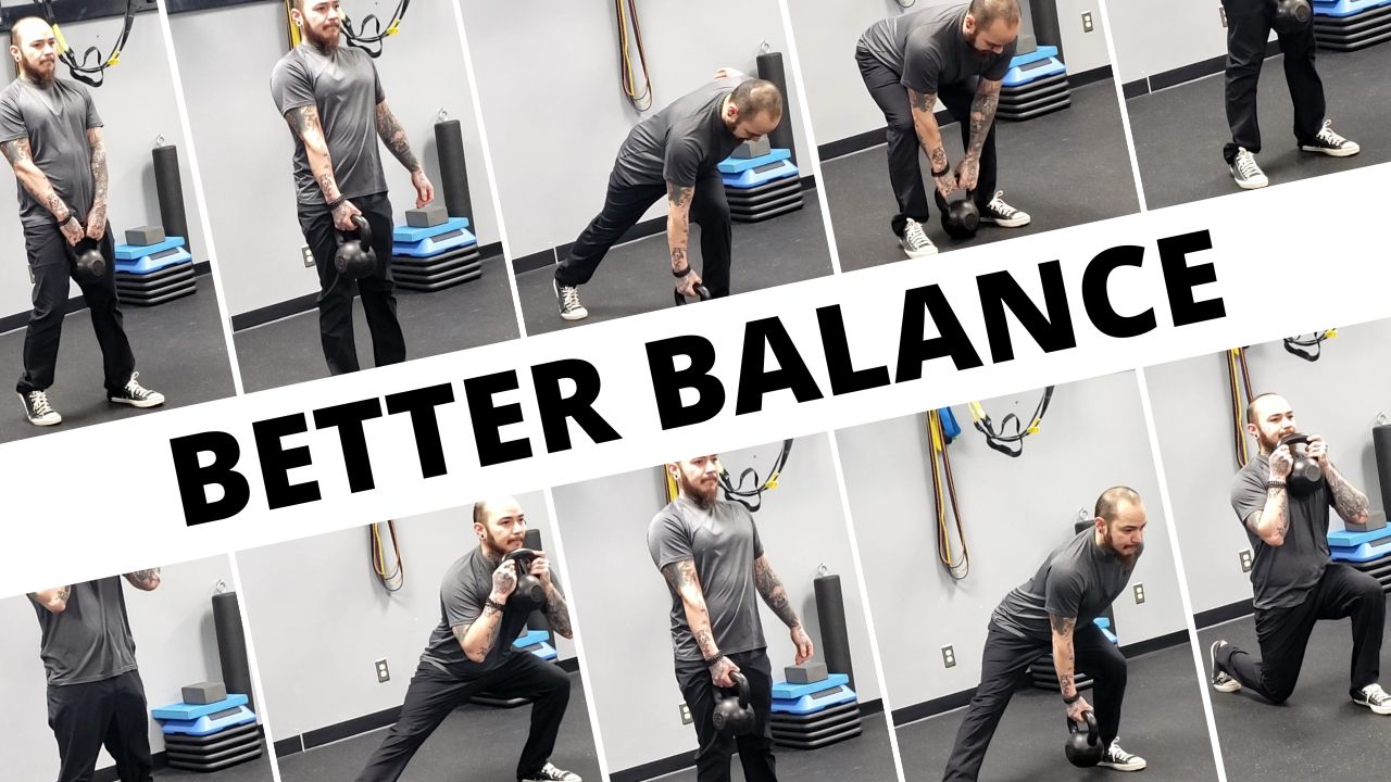 Better Balance with Kettlebell Exercise - article lead image with multiple cropped examples of the exercises described in the article.